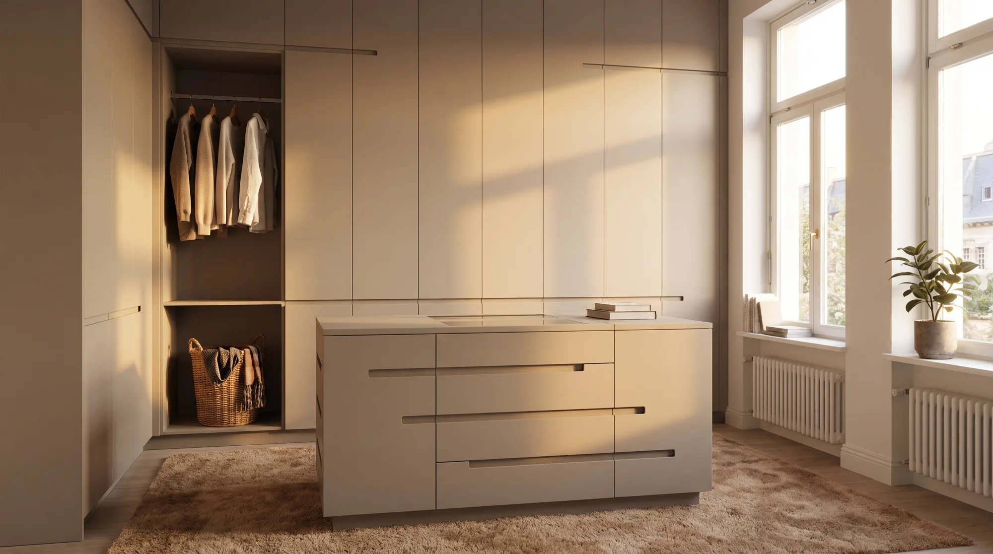 Ankleidezimmer nach Maß mit offenem Kleiderauszug und grifflosen Einbauschränken