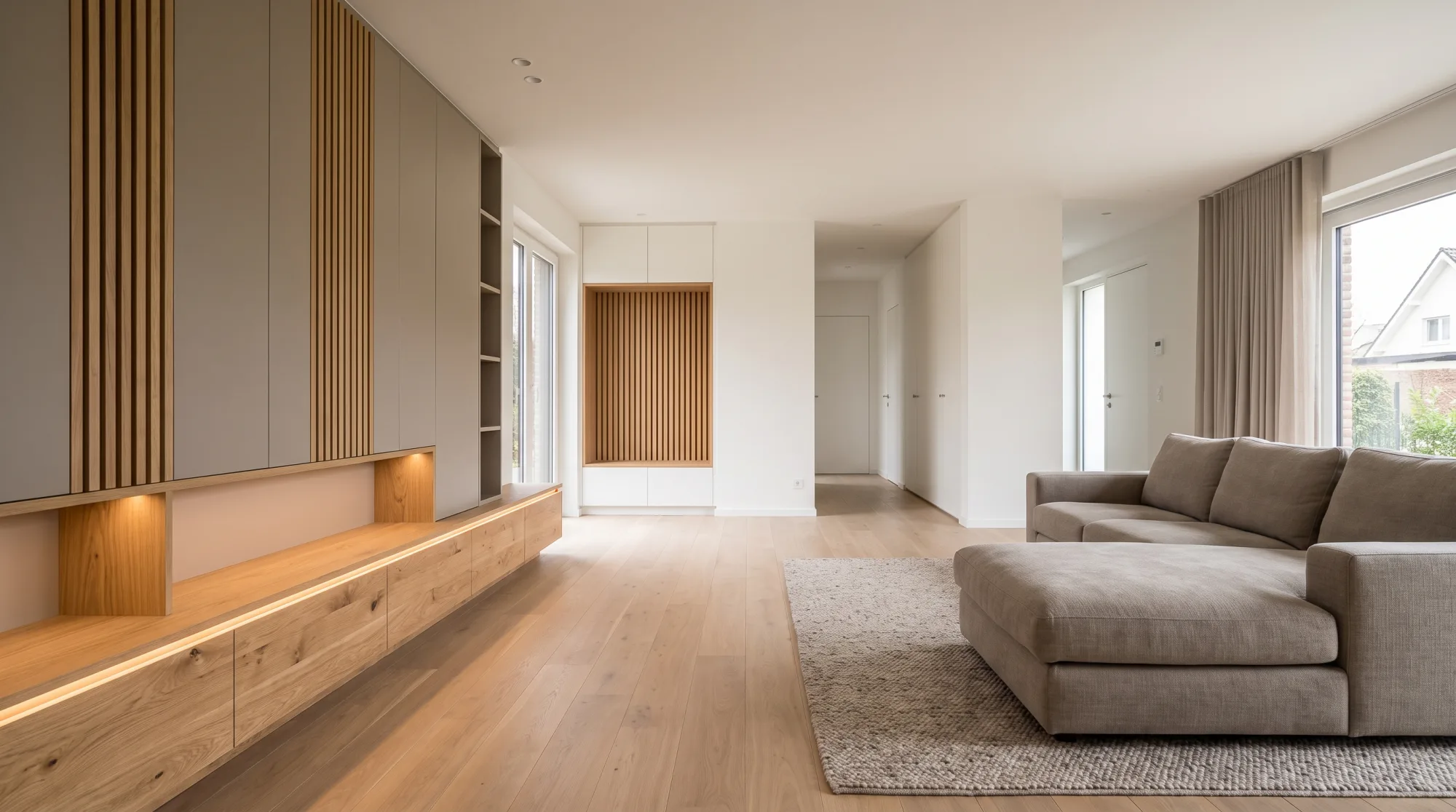 Modern gestalteter Wohnraum nach Maß mit Grau-Eiche-Wohnwand, LED-Sideboard und Akustik-Holzwand
