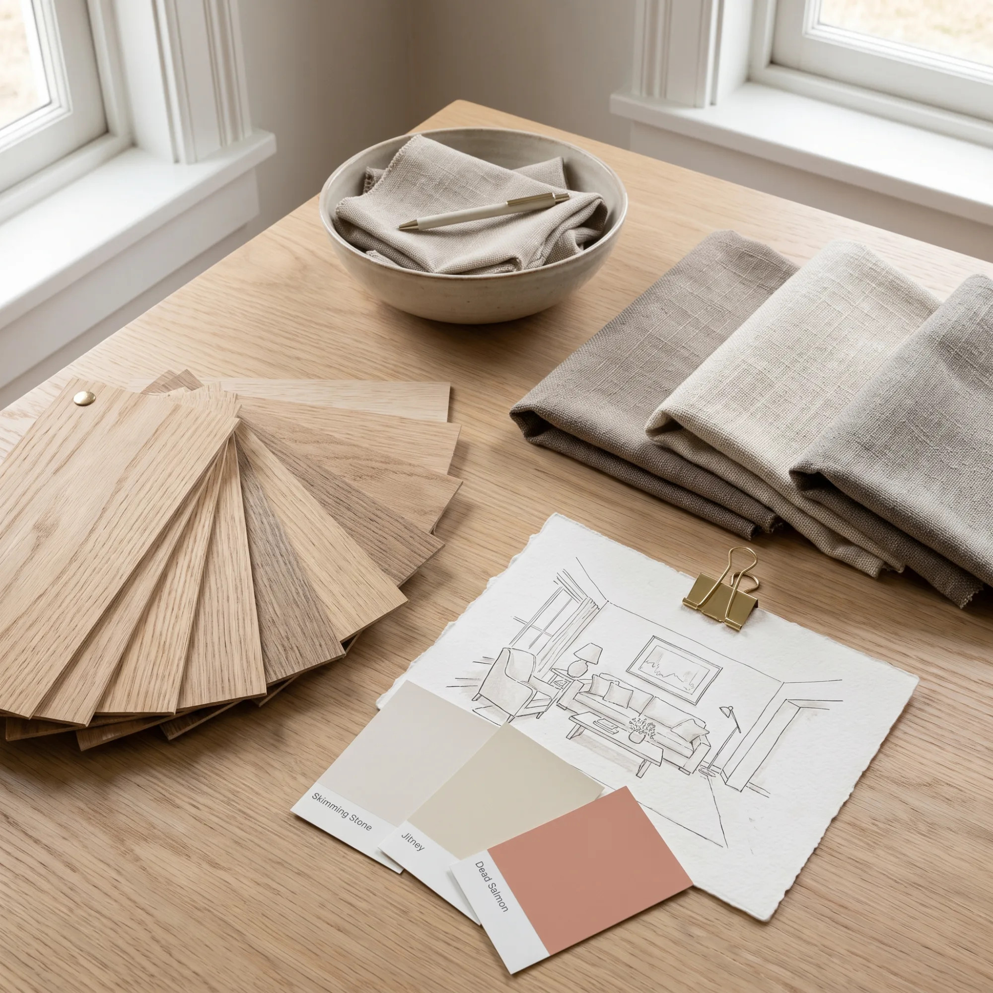 Material- und Farbkonzept mit Eiche-Furniermustern, Leinenstoffen und Farbkarten