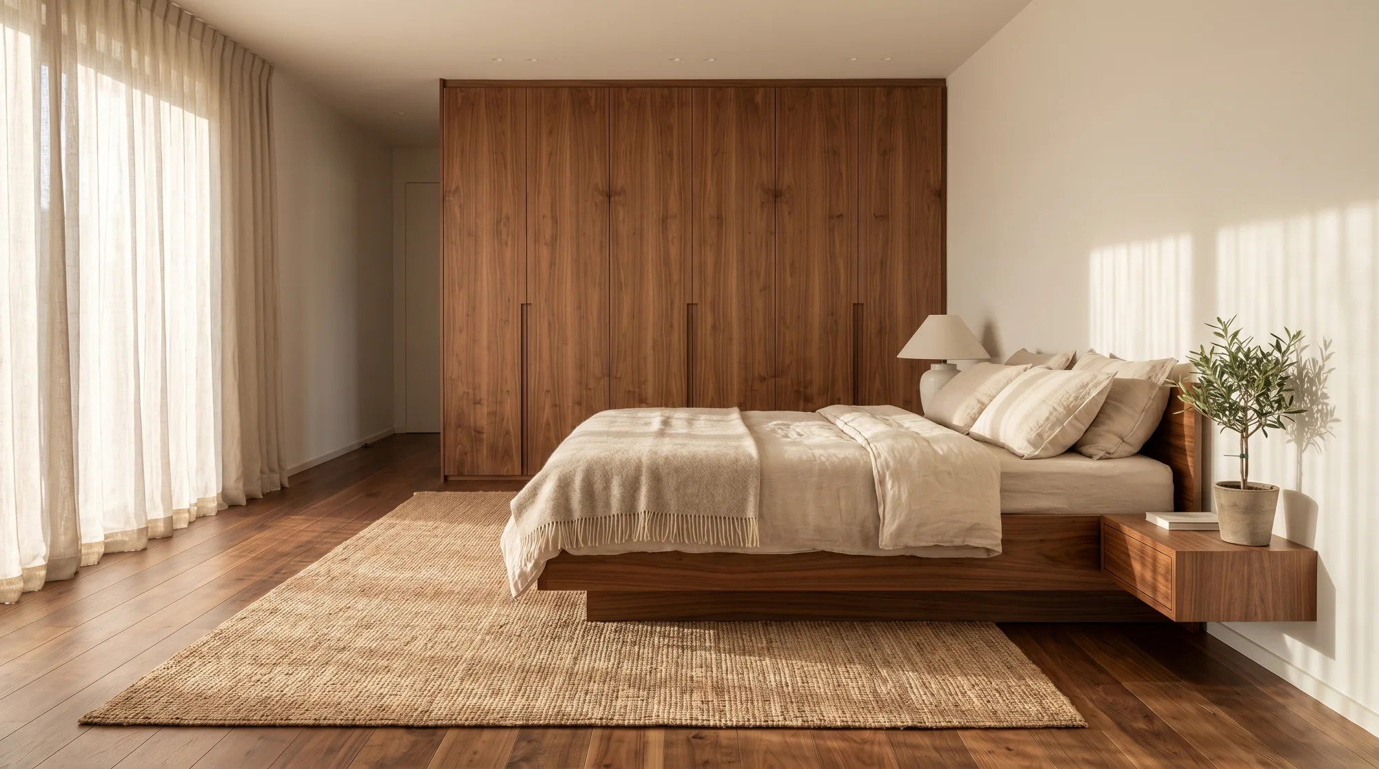 Schlafzimmer-Raumkonzept mit raumhohem Nussbaum-Kleiderschrank und Massivholzbett