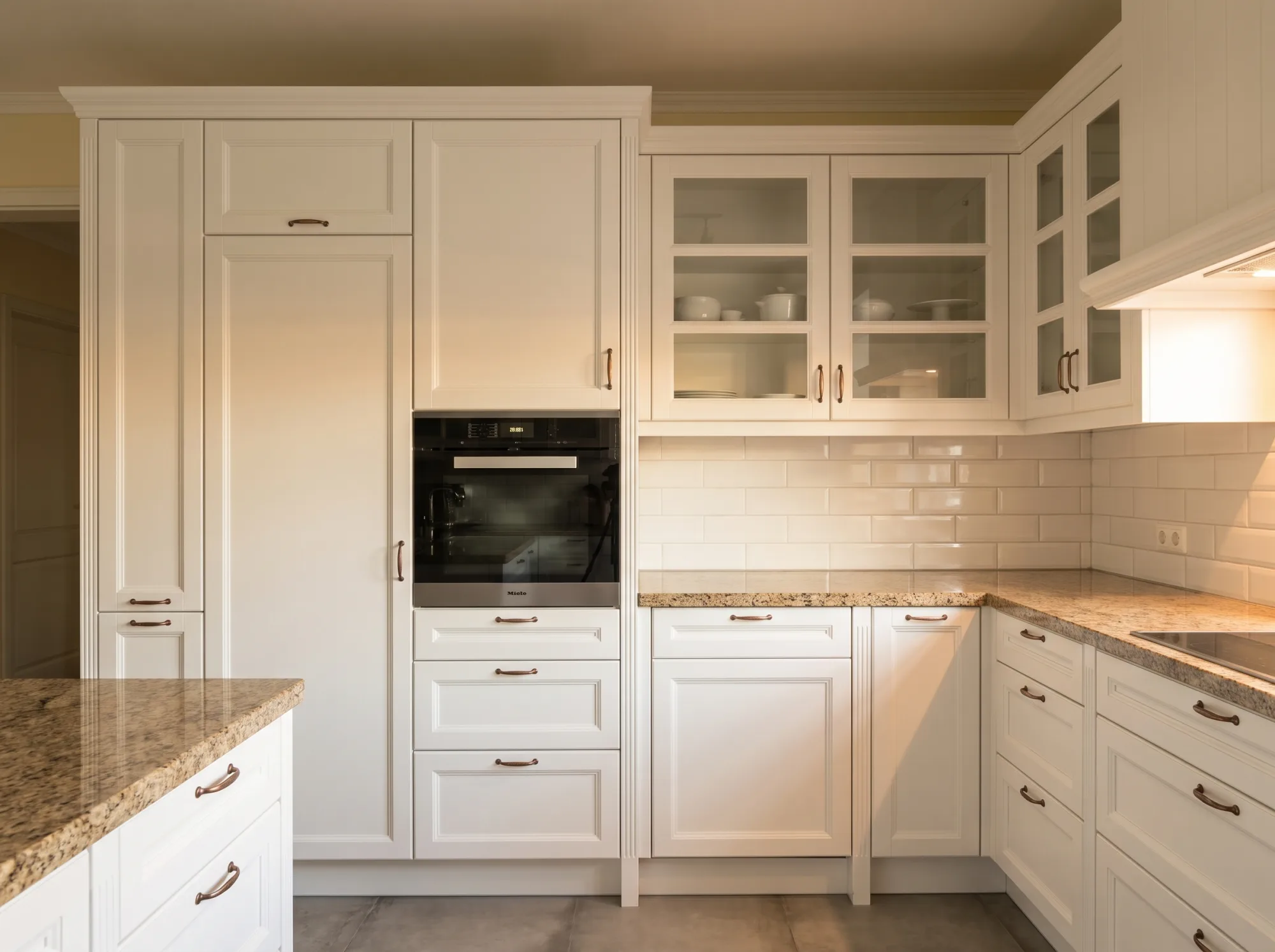 Landhausküche in Creme mit Granit-Kochinsel und Vitrinen-Oberschränken