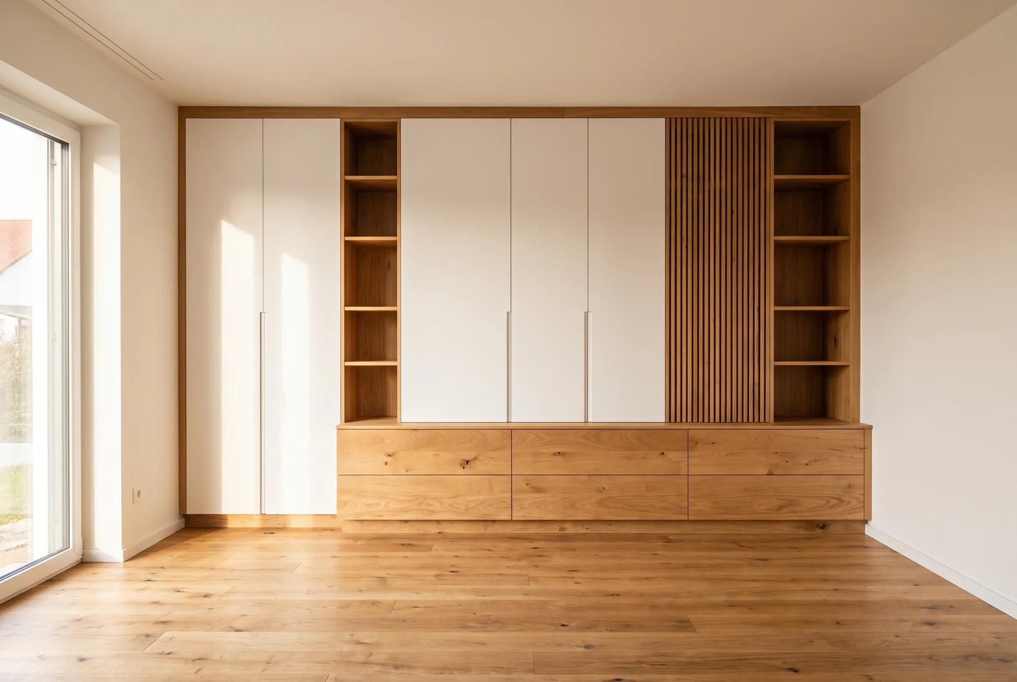 Wohnraum mit aufeinander abgestimmten Holzeinbauten